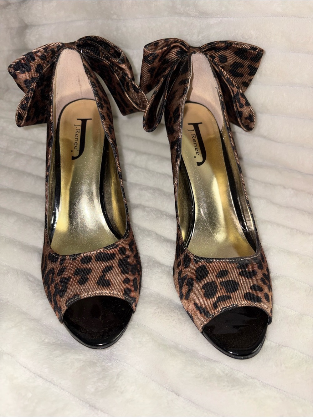 J.Renee Leopard Print Peep Toe Heels with Bow Accent - Brown and Black 8.5